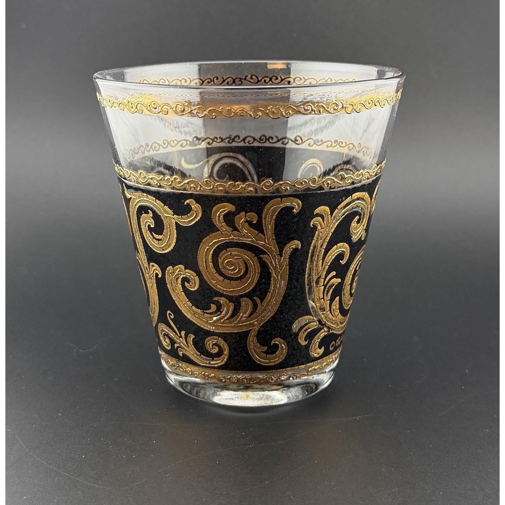 Vintage MCM Culver Ebony Baroque Rocks Old Fashioned Glass 22K Gold